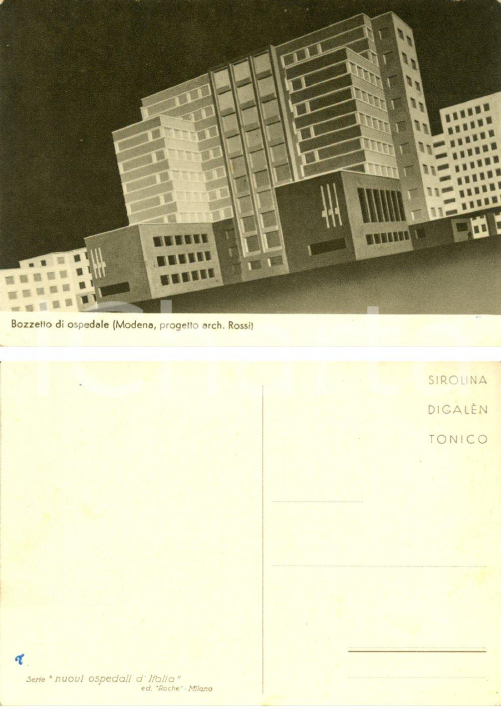 Cartolina originale da collezione 1930 ca MODENA Progetto Ettore ROSSI per nuovo ospedale *FG NV SIROLINA DIGALEN 1