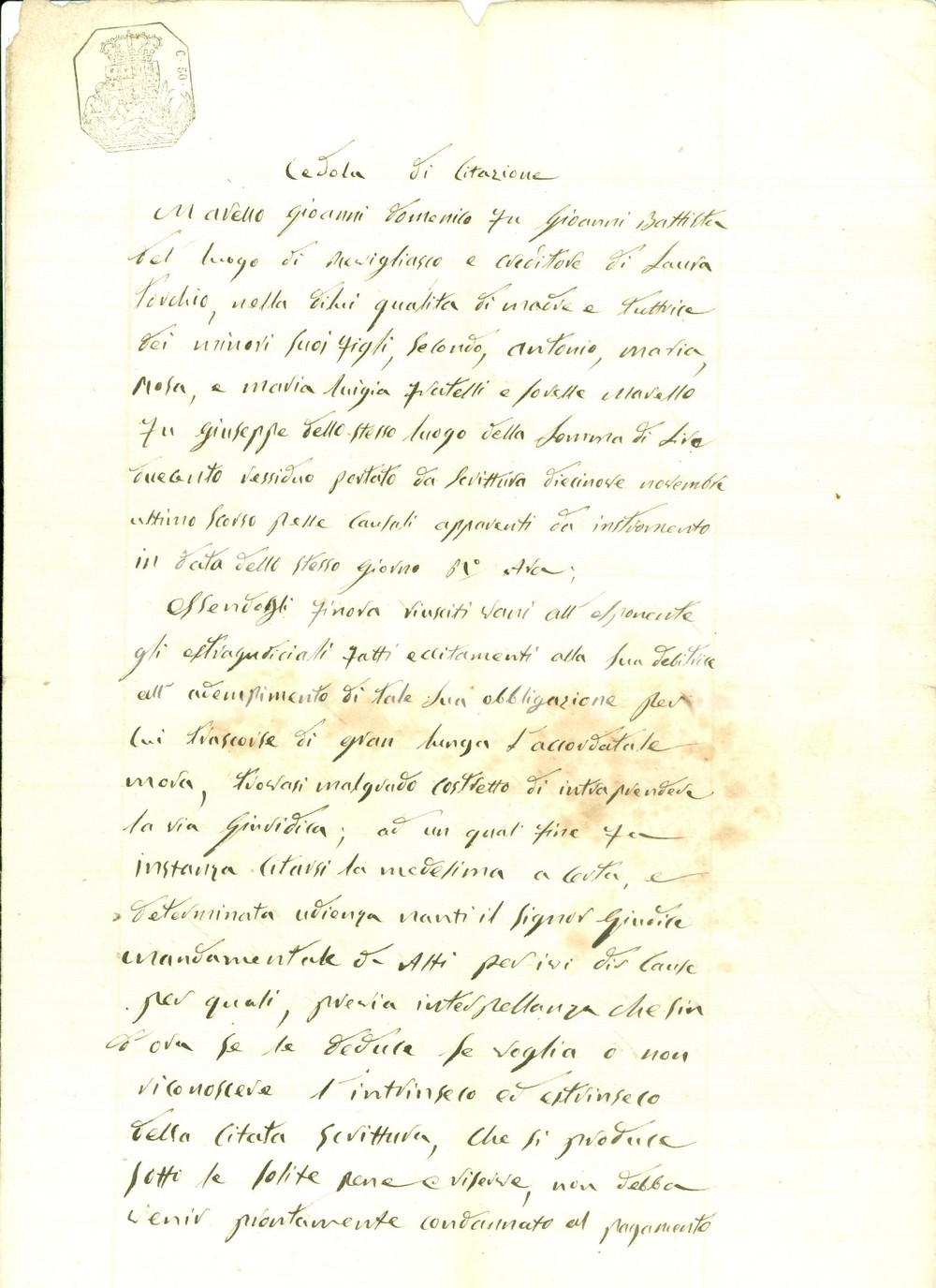 Documento originale, autentico 1859 REVIGLIASCO AT Giovanni MARELLO porta in tribunale moglie Laura TORCHIO 1