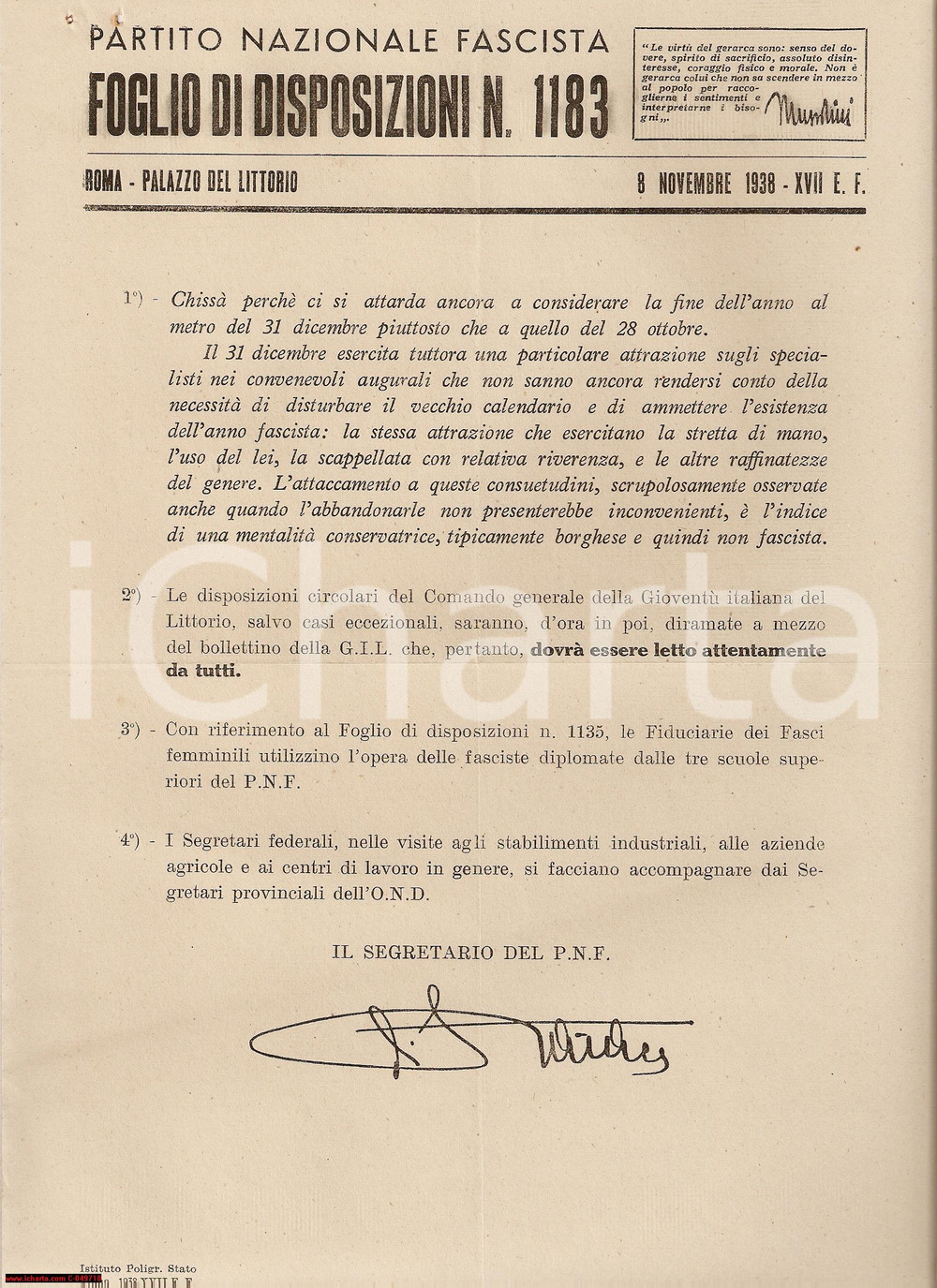 Documento originale, autentico 1938 PNF ROMA Fine dell'anno il 31 dicembre Ã¨ borghese 1