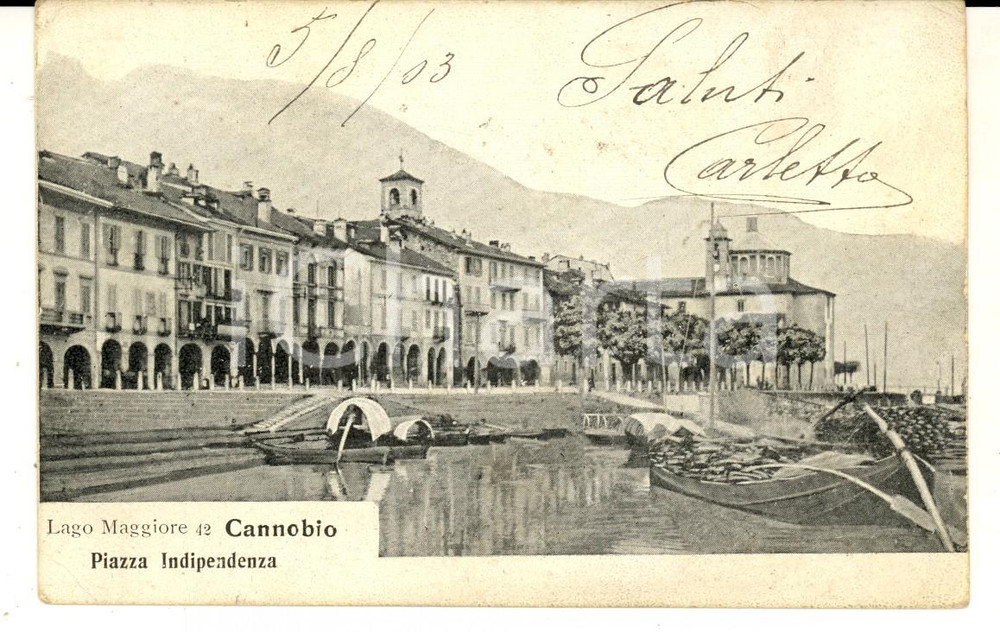 Cartolina originale da collezione 1903 CANNOBIO VB Piazza INDIPENDENZA  Lago MAGGIORE Cartolina ILLUSTRATA FP 1