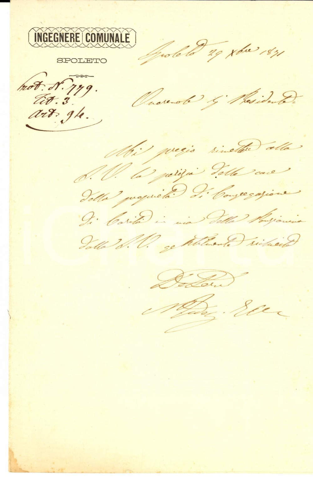Manoscritto, lettera originale 1871 SPOLETO PG Ingegnere Comunale annuncia invio di una perizia Lettera 1