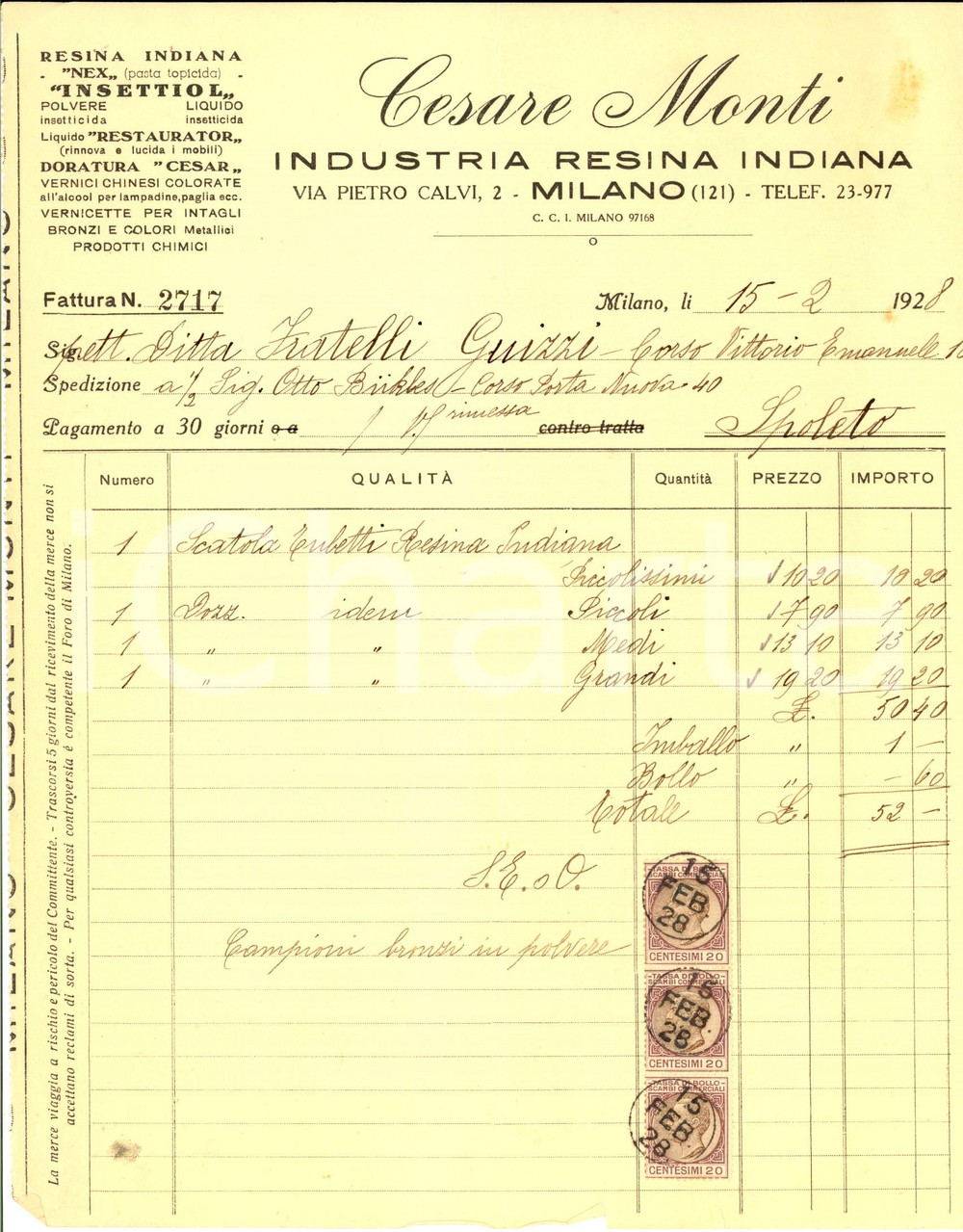 Documento originale, autentico 1928 MILANO Ditta Cesare MONTI industria resina indiana  Fattura intestata 1
