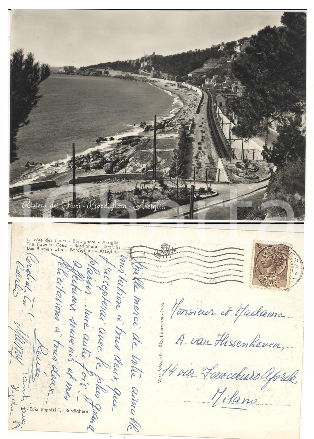 Autografo originale 1955 BORDIGHERA IM Arziglia Cartolina famiglia VAN HISSENHOVEN Autografi 1
