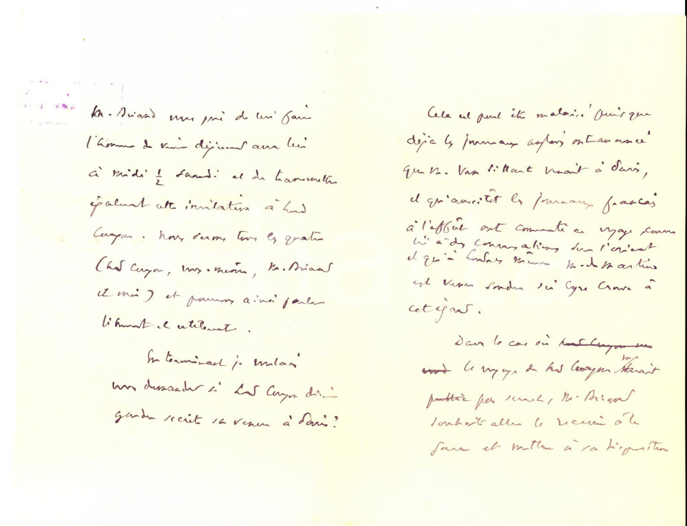 Autografo originale 1921 PARIS Philippe BERTHELOT annuncia incontro Aristide BRIAND  Lord CURZON 1