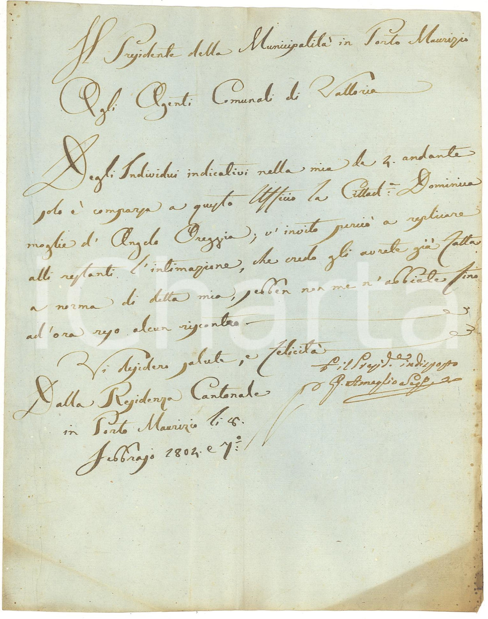 Documento originale, autentico 1804 VALLORIA Angelo OREGGIA manda moglie in sua vece 1