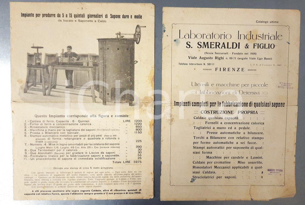 Materiale pubblicitario d’epoca 1930 ca FIRENZE Laboratorio S.SMERALDI Impianti sapone Pubblicitario DANNEGGIATO 1
