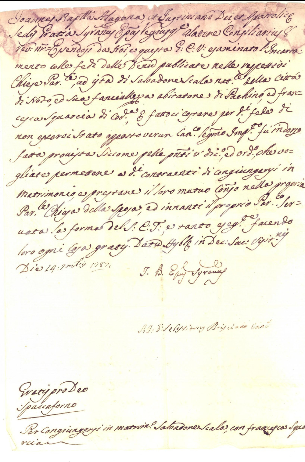 Documento originale, autentico 1787 NOTO SR Nulla osta per le nozze di Salvatore SCALA e Francesca SQUARCIA 1