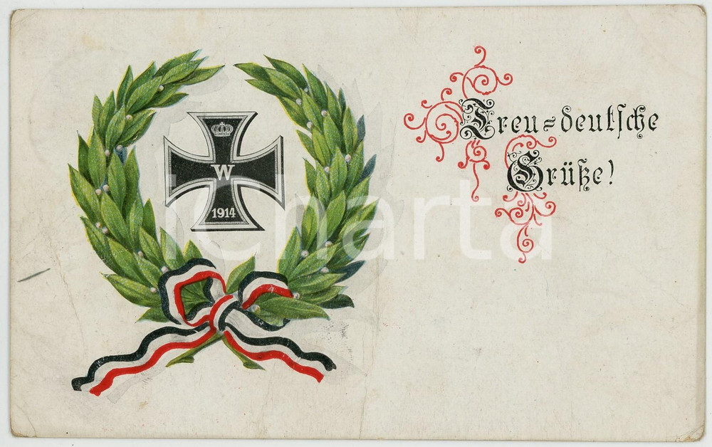 1914 DEUTSCHLAND Treu deutsche grusse ILLUSTRATED Postcard FP VG  Cartolina postale, viaggiata. VERY POOR/gravemente danneggiato Smussature agli angoli, piegature diffuse, gualciture Formato: FP originale e autentica 1
