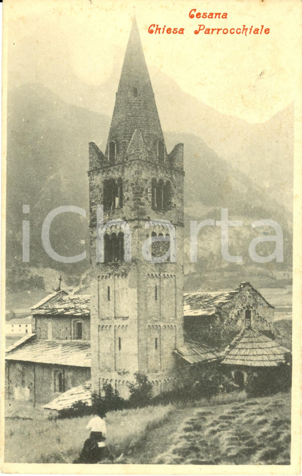 Cartolina originale da collezione 1906 CESANA TORINESE (TO) Veduta della chiesa parrocchiale *Cartolina FP VG 1