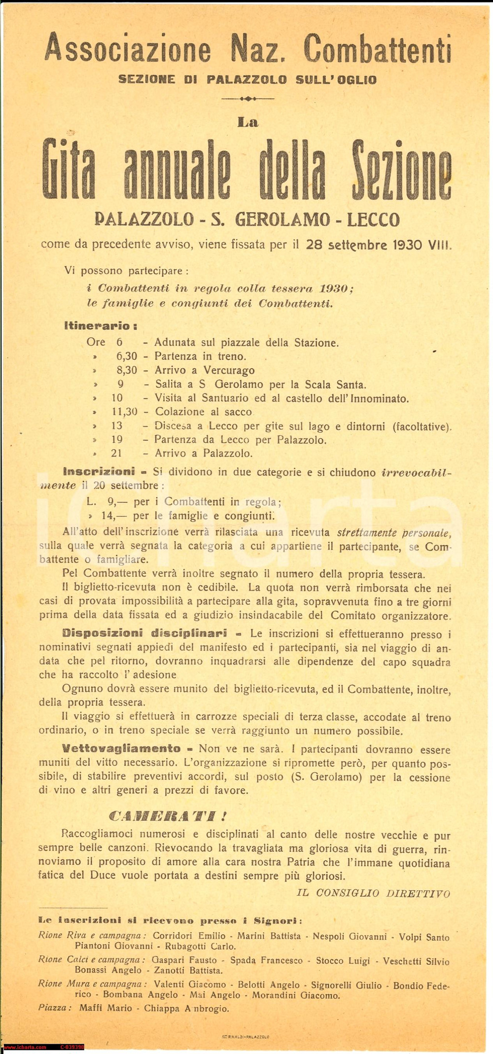 Documento originale, autentico 1930 ANC PALAZZOLO SULL'OGLIO Gita castello Innominato 1