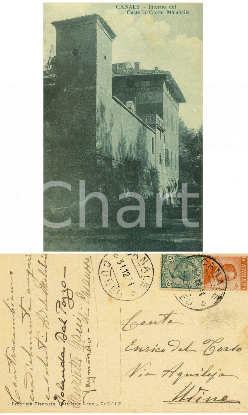 Autografo originale 1911 CANALE (CN) Interno castello *Cartolina Adele MALABAILA al conte DEL TORSO 1