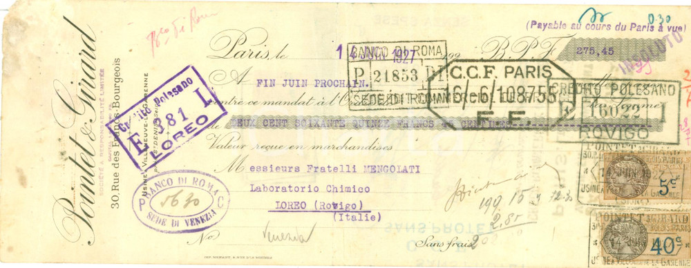 Oggetto da collezione cartaceo 1927 PARIS Laboratoires POINTET & GIRARD Assegno pubblicitario *Documento 1