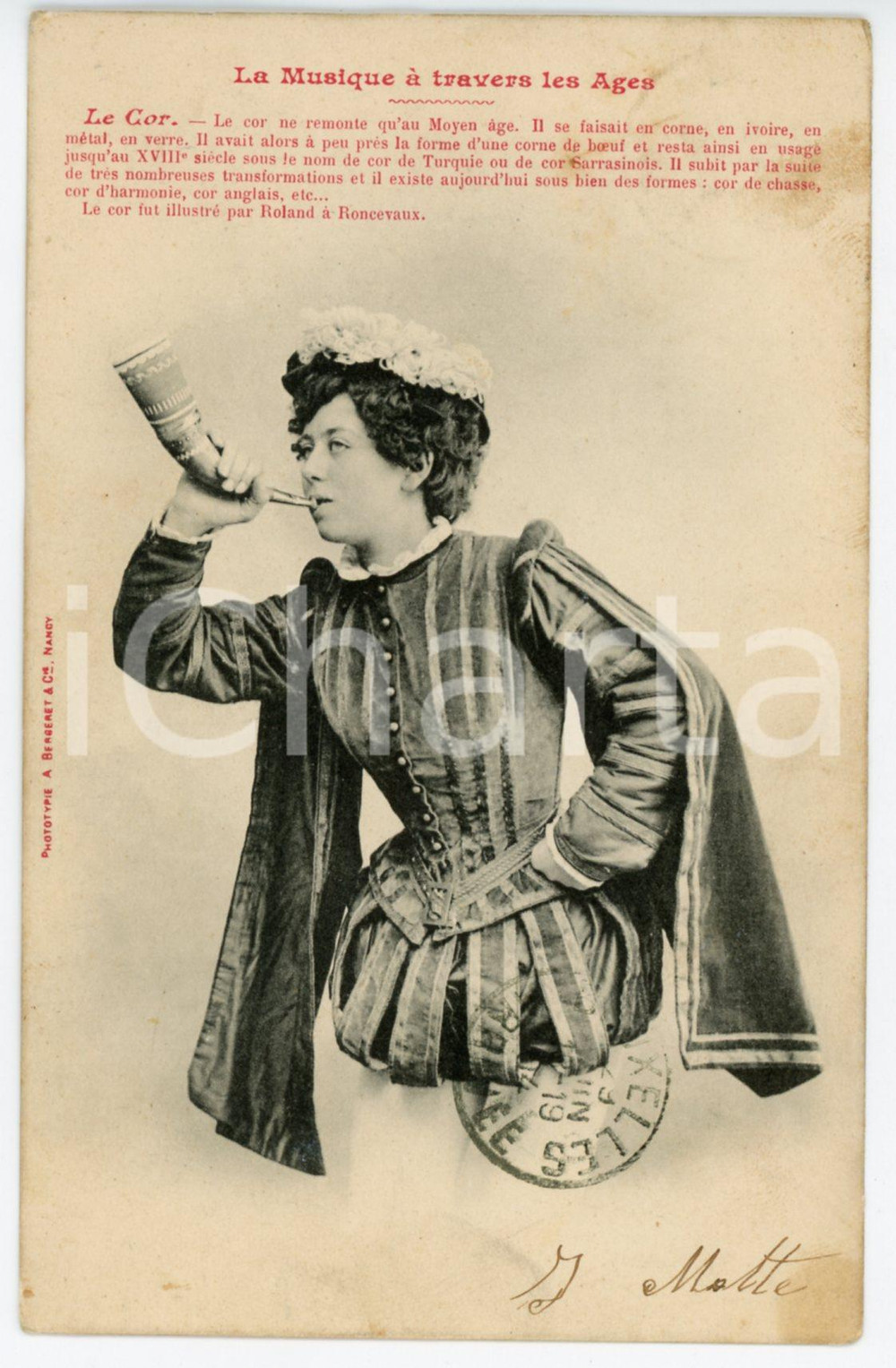 1904 La Musique à travers les Ages - Le cor - Middle age boy with horn *Postcard  Cartolina postale d'epoca, viaggiata.CONDIZIONI: P (ampia abrasione al verso; lievi piegature al lato superiore; piccole macchie al recto)FORMATO: FP    originale e autentica 1