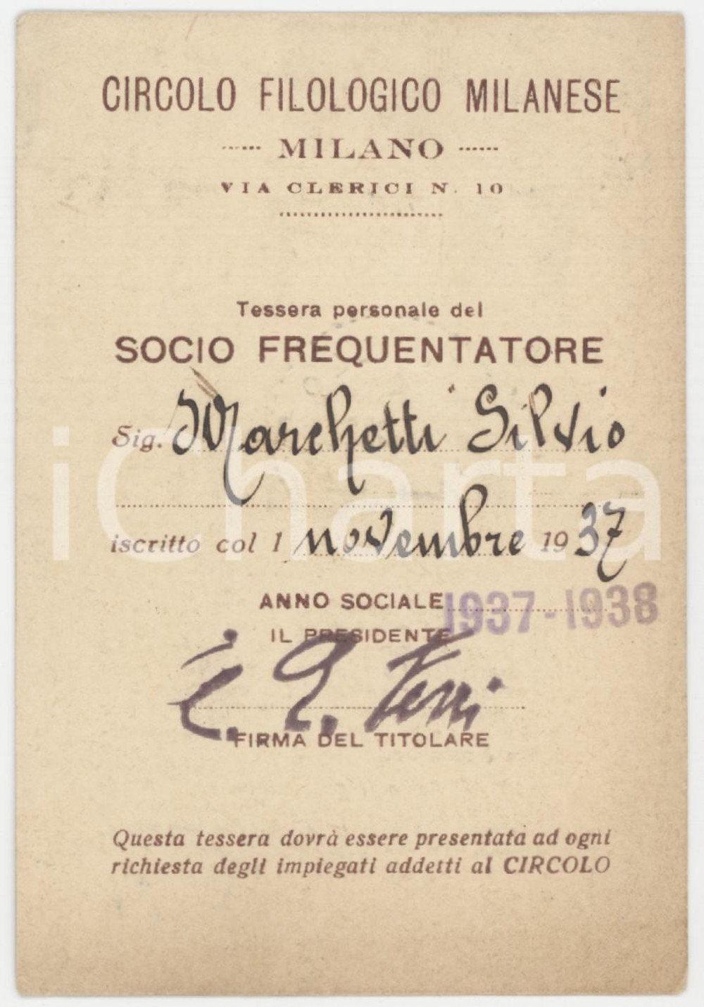 1937 MILANO Circolo filologico milanese - Tessera Silvio MARCHETTI 7x10 cm