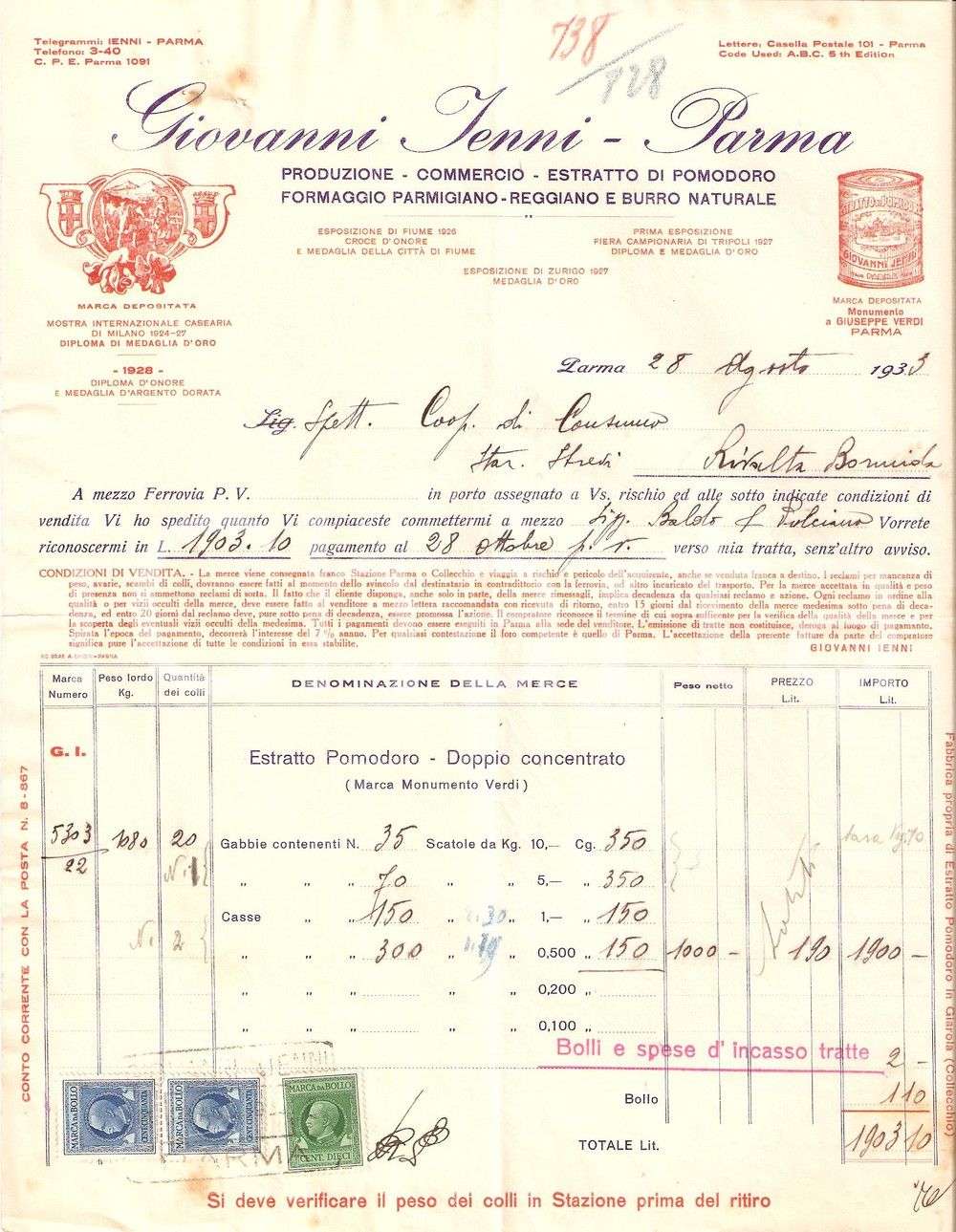 Documento originale, autentico 1935 PARMA Ditta Giovanni JENNI Estratto di pomodoro Parmigiano reggiano Fattura 1