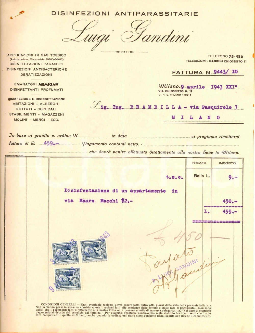 Documento originale, autentico 1943 MILANO Luigi GANDINI  Disinfezioni antiparassitarie Fattura intestata 1