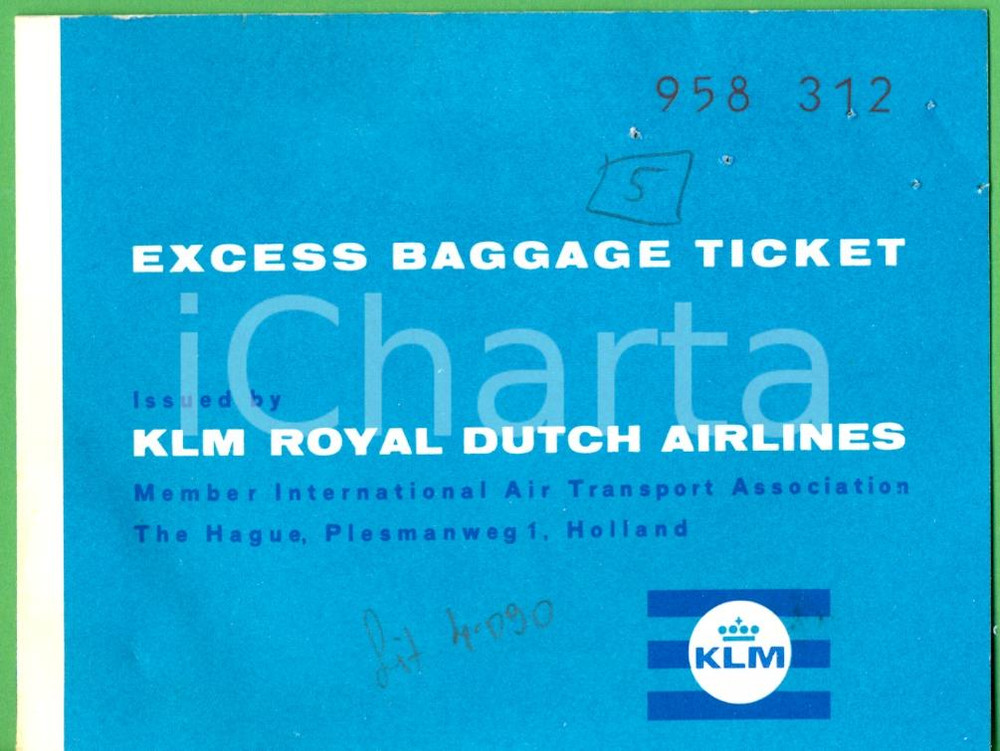 Oggetto da collezione cartaceo 1966 KLM Excess baggage ticket AmsterdamRome 1