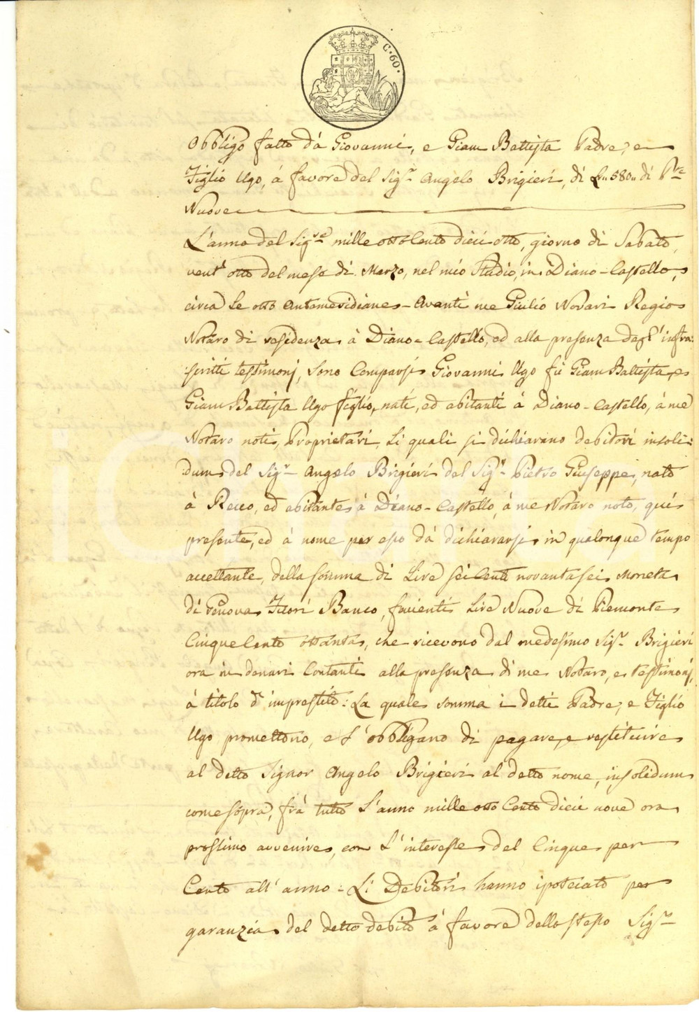 Documento originale, autentico 1818 DIANO CASTELLO IM Fratelli UGO debitori di Angelo BRIGIERI Documento 1