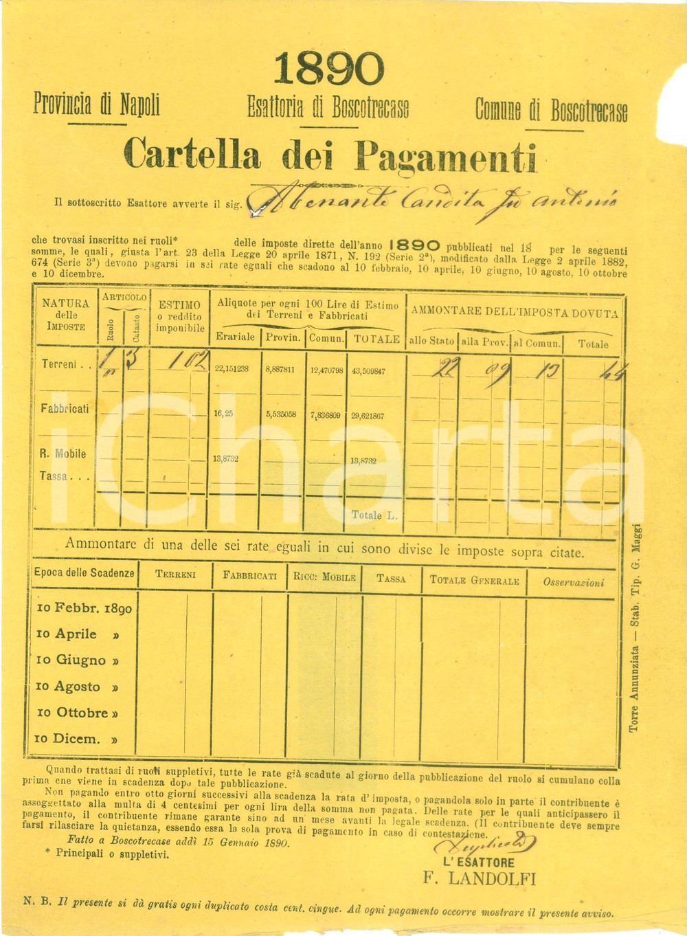 Documento originale, autentico 1890 BOSCOTRECASE NA Cartella dei pagamenti per imposte su terreni DANNEGGIATO 1