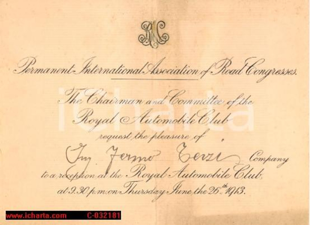 Documento originale, autentico 1913 Invito ROYAL AUTOMOBILE CLUB ing. Fermo Terzi - RARO 1