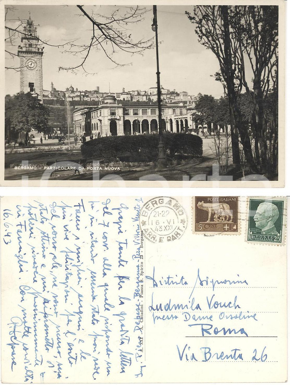 Autografo originale 1943 BERGAMO Particolare da Porta Nuova Ing. Piero DEPASE a Ludmila VOUCH FP VG 1