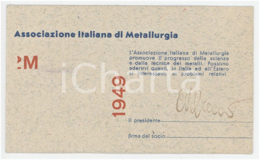 1949 ASS. ITALIANA METALLURGIA Tessera Giovanni ROLANDI Società MONTEVECCHIO