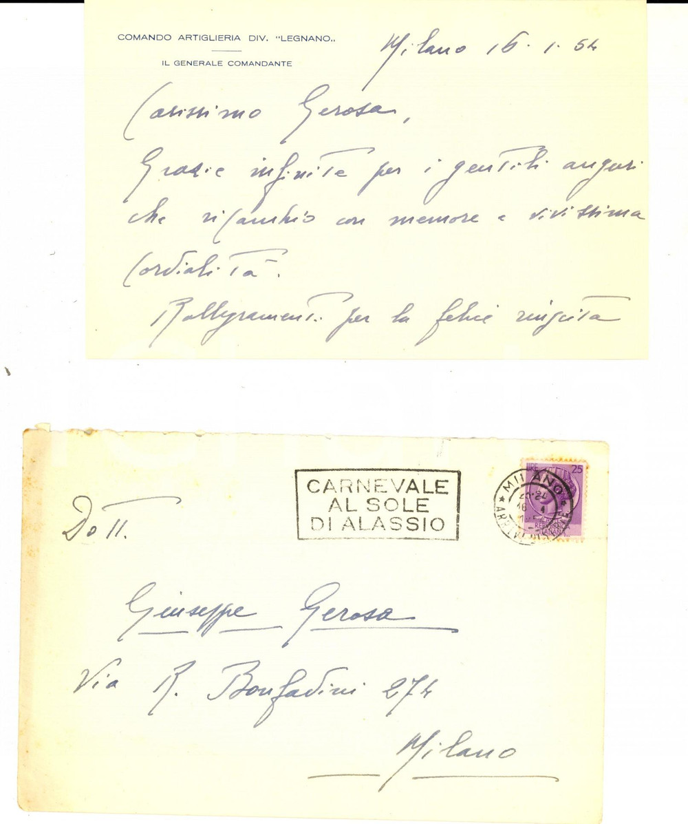 Autografo originale 1954 MILANO Comando Divisione LEGNANO Biglietto gen. Luigi LOMBARDI AUTOGRAFO 1