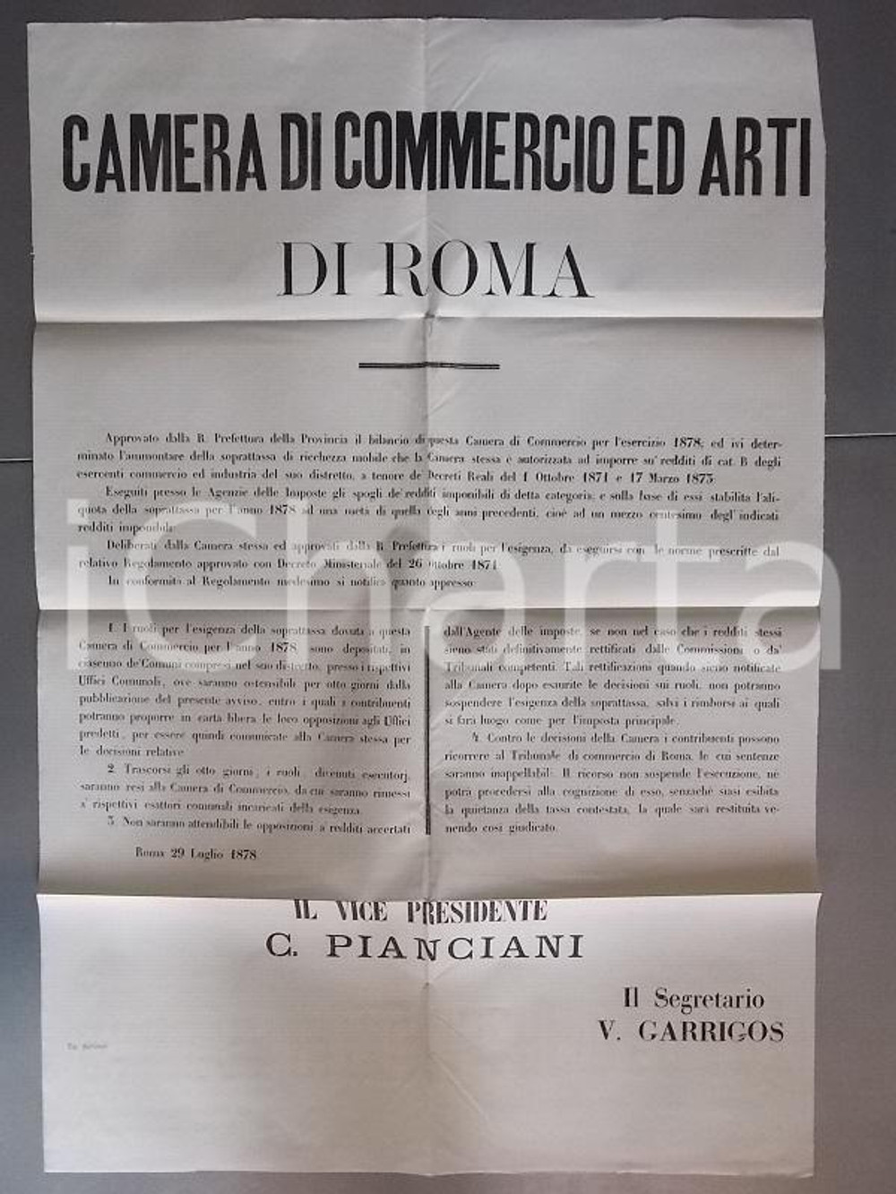 Documento originale, autentico 1878 ROMA CAMERA DI COMMERCIO Soprattassa sulla ricchezza mobile Manifesto 1