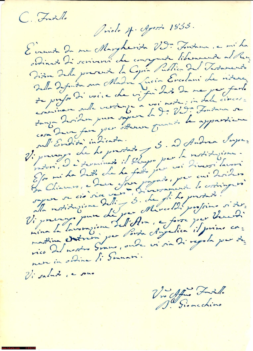 Manoscritto, lettera originale 1855 ORIOLO ROMANO (VT) affari della famiglia PERSI 1