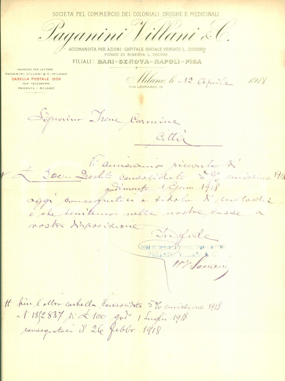 Documento originale, autentico 1918 MILANO Via Leopardi 15 Commercio coloniali droghe PAGANINI VILLANI & C. 1
