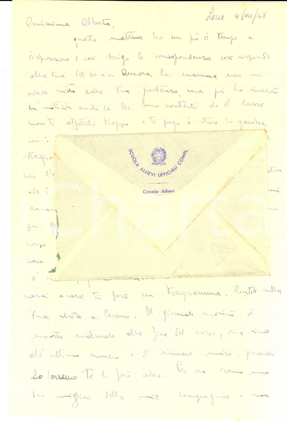Manoscritto, lettera originale 1948 LECCE Scuola Allievi Ufficiali di Complemento *Lettera Guido MODENA 1