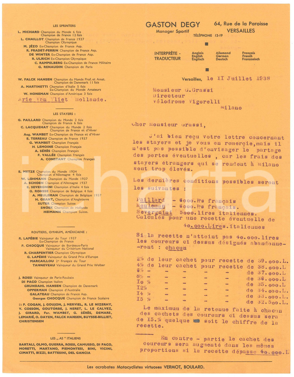 Autografo originale 1938 CICLISMO VERSAILLES Gaston DEGY su ingaggio corridori stranieri AUTOGRAFO 1