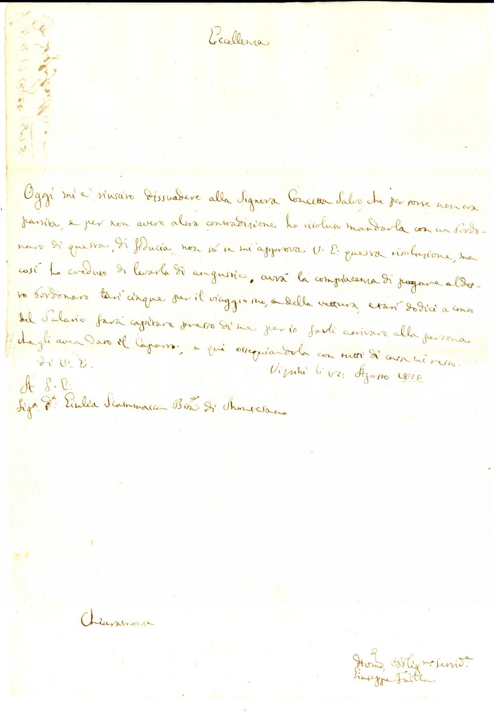 Manoscritto, lettera originale 1825 VIZZINI Giuseppe FAILLA invia bordonaro a Giulia SCAMMACCA DI MONTESANO 1