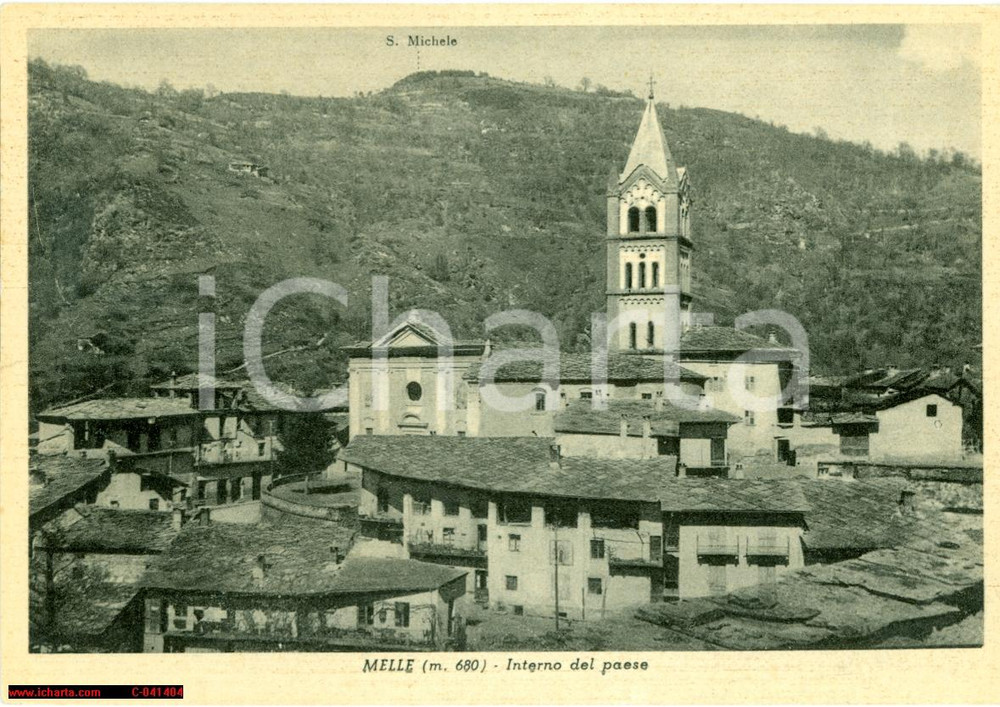 Cartolina originale da collezione 1930 circa MELLE (CN) Panorama con Chiesa parrocchiale 1