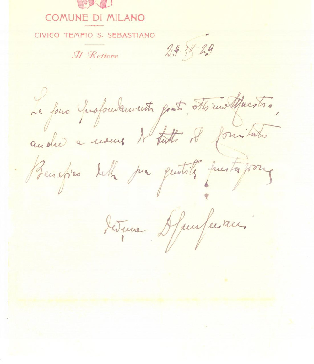 1929 MILANO Civico Tempio S. Sebastiano - Lettera del Rettore per ringraziamento Lettera autografa del Rettore, su carta intestata.CONDIZIONI: F (piegature d'epoca)PAGINE: 1    originale e autentica 1