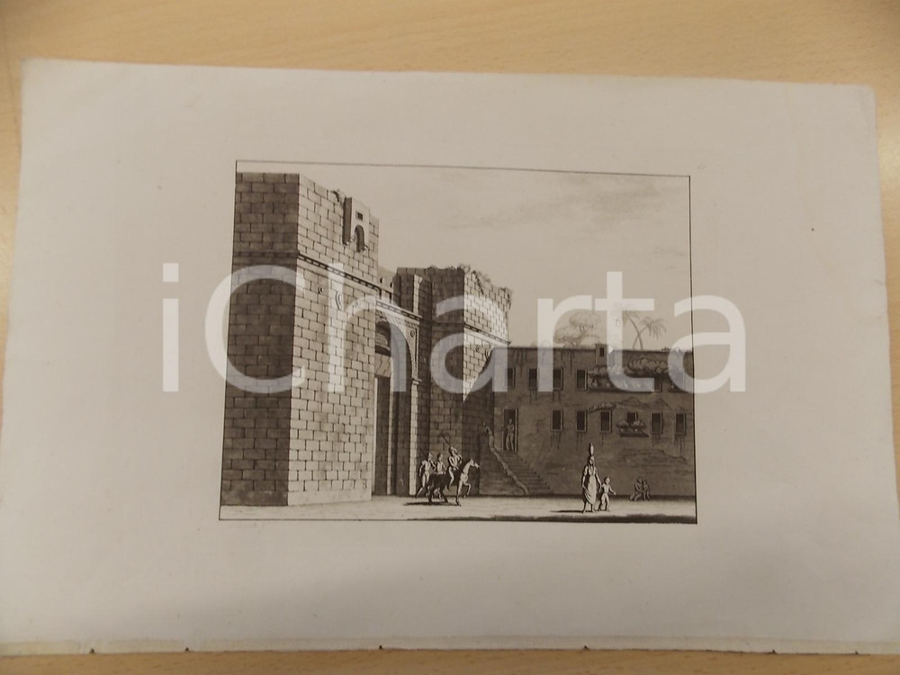 Stampa, bozzetto originale 1800 ca COSTUMI Vita quotidiana presso le mura di una città Stampa inc. BIGATTI 1