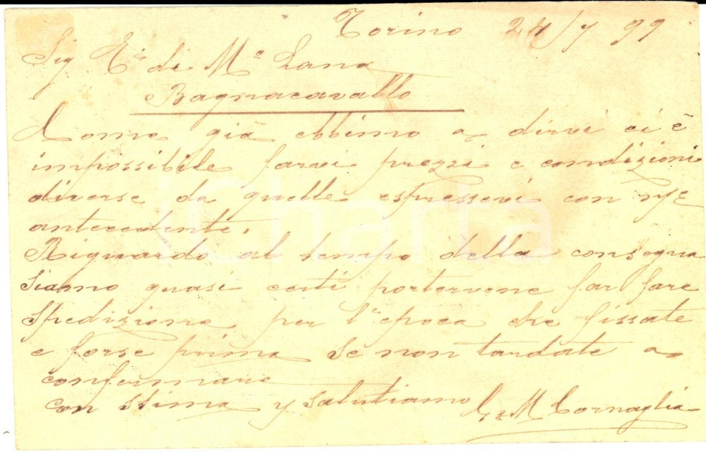 Cartolina originale da collezione 1899 TORINO Ditta G. E M. CORNAGLIA a Eredi Matteo LANA BAGNOCAVALLO *FP VG 1