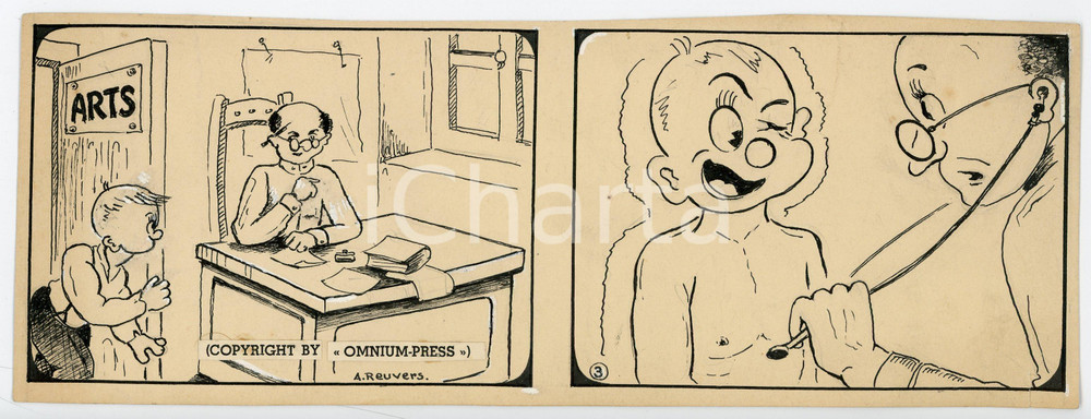1940ca DRUMPIE'S DOLLE ADVENTUREN Comic strip 3 - A. REUVERS Original art RARE Striscia a fumetti d'epoca, originale e autentica. Disegno originale a china firmato A. Reuvers. EDITORE: Omnium PressCONDIZIONI: Fair (piegatura all'angolo inferiore sinistro)DIMENSIONI: 25x9 cm    originale e autentica 1