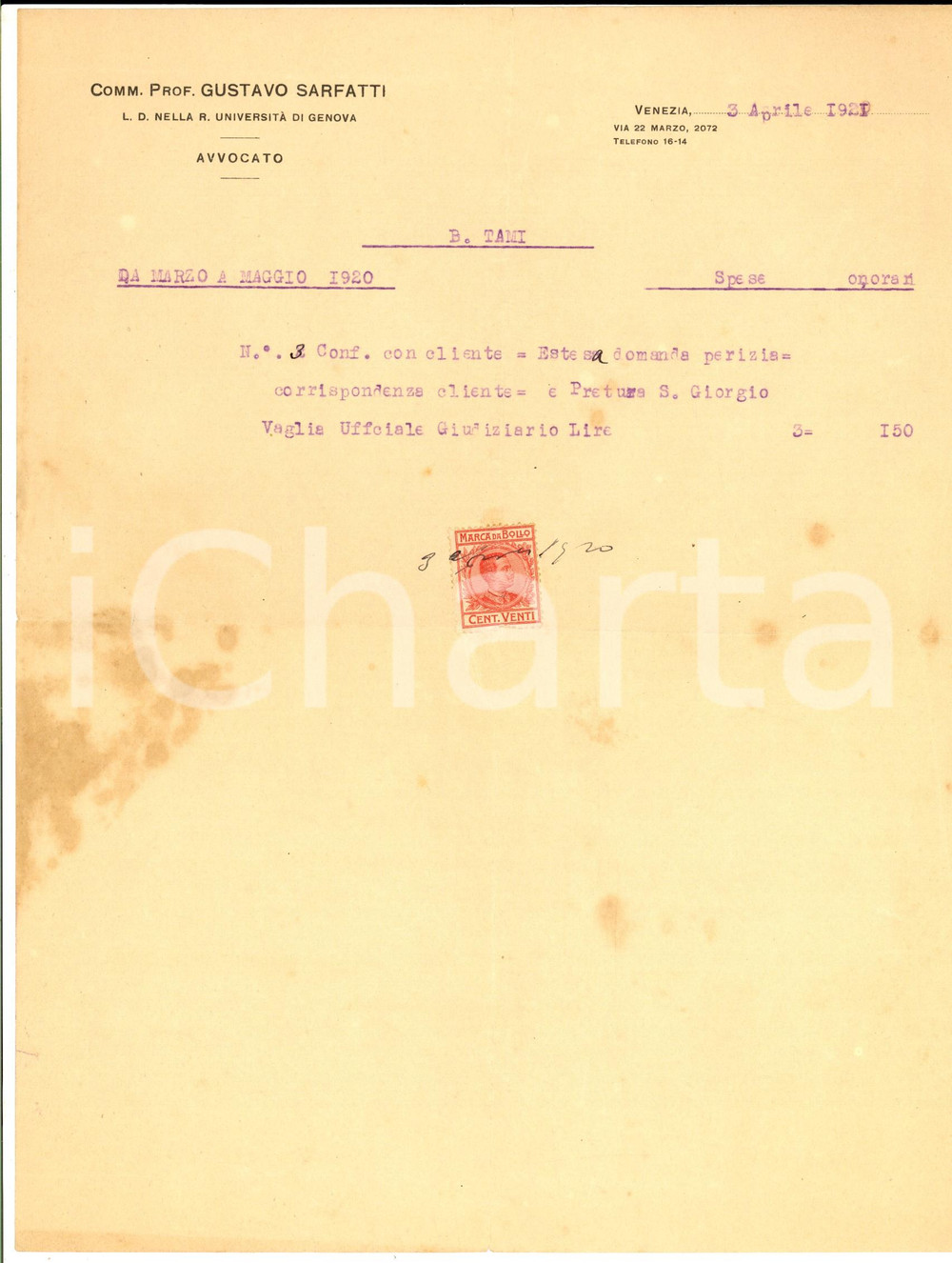 Documento originale, autentico 1921 UDINE Competenze prof. Gustavo SARFATTI Lettera su carta intestata 1