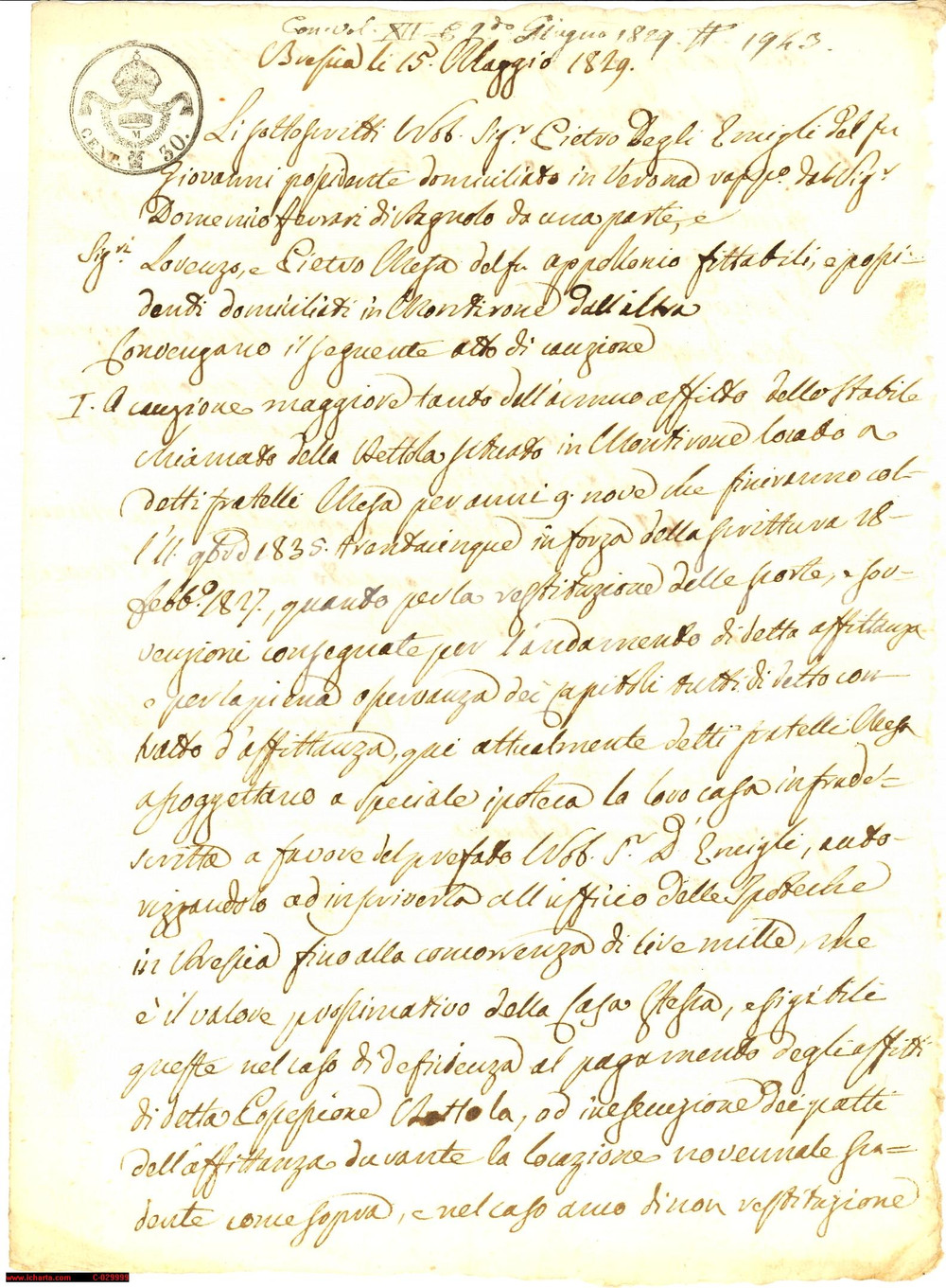 Documento originale, autentico 1829 MONTIRONE BS Pietro DEGLI EMIGLI affitta stabile Manoscritto 1