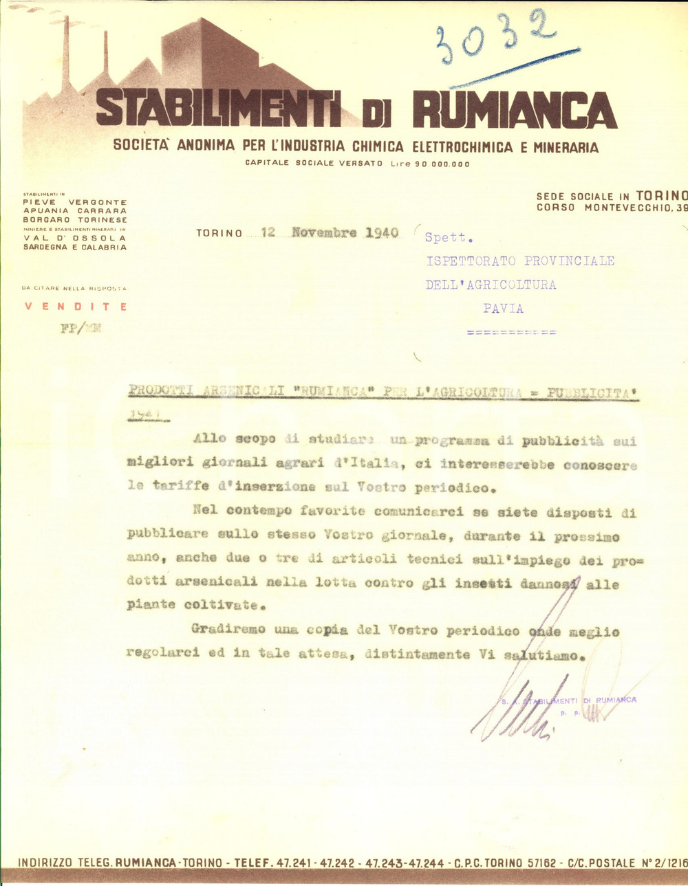 Documento originale, autentico 1940 WW2 TORINO Stabilimenti di RUMIANCA Prodotti arsenicali contro insetti 1