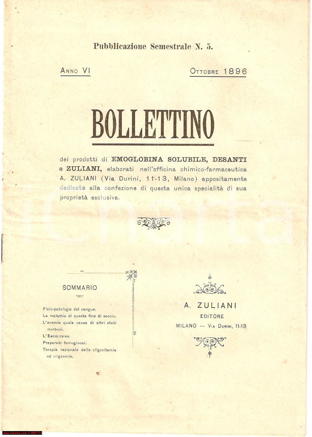 Materiale pubblicitario d’epoca 1896 MILANO Officina Farmaceutica ZULIANI Emoglobina solubile  Bollettino 1