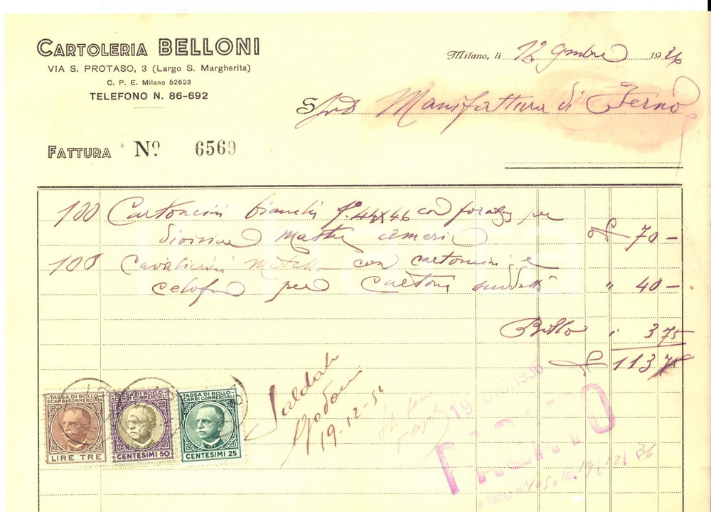 Documento originale, autentico 1926 MILANO Via San Protaso  Cartoleria BELLONI Fattura intestata 1