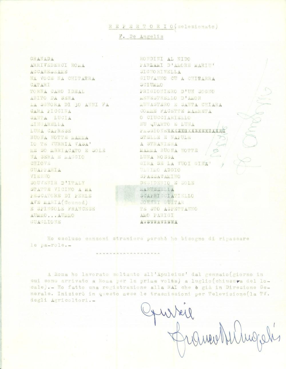 Autografo originale 1960 ca Il grande Franco DE ANGELIS Repertorio scelto AUTOGRAFO 1