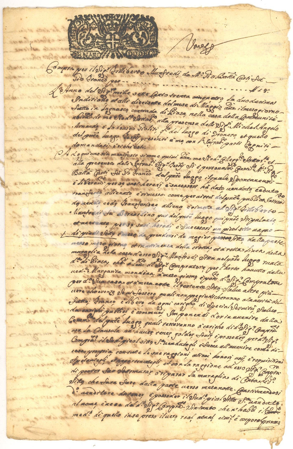 Documento originale, autentico 1735 LAGNASCO Giovanni Battista CURTI vende terra incolta a Filiberto MANFREDI 1