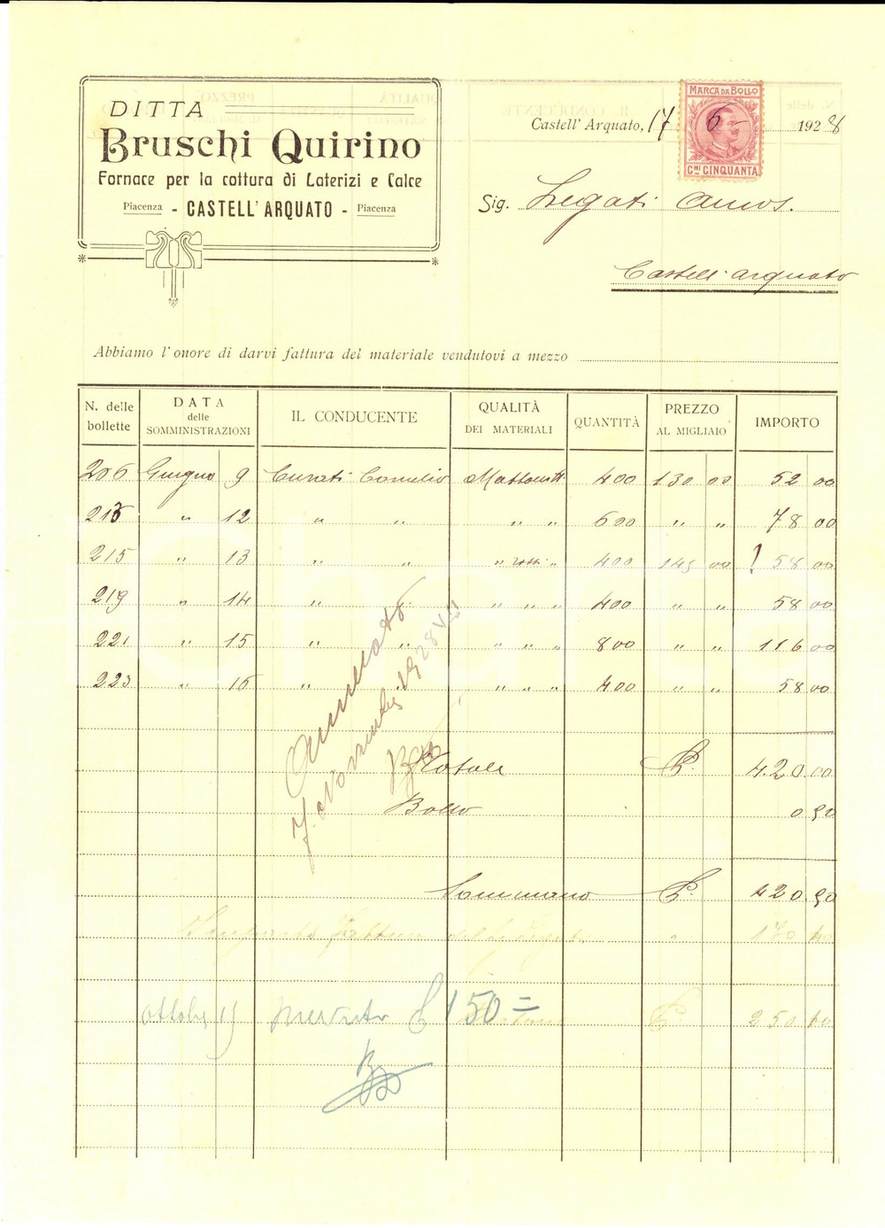 Documento originale, autentico 1928 CASTELL ARQUATO PC Quirino BRUSCHI Fornace per laterizi e calce Fattura 1