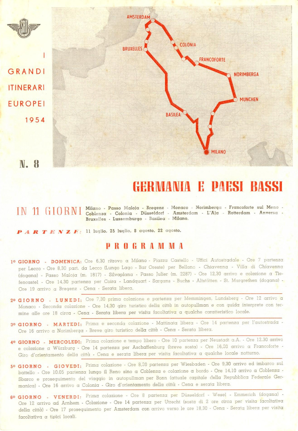 Materiale pubblicitario d’epoca 1954 MILANO SAT Grandi itinerari europei n. 8: GERMANIA e PAESI BASSI Volantino 1