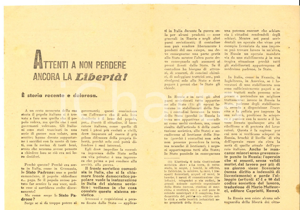 Materiale pubblicitario d’epoca 1948 ELEZIONI Attenti a non perdere ancora la libertà PROPAGANDA anti FDP 1