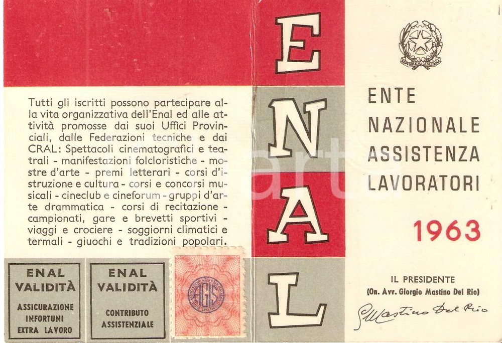 Oggetto da collezione cartaceo 1963 ENAL Tessera del Circolo ricreativo RIUNIONE ADRIATICA 6x9cm NON COMPILATA 1