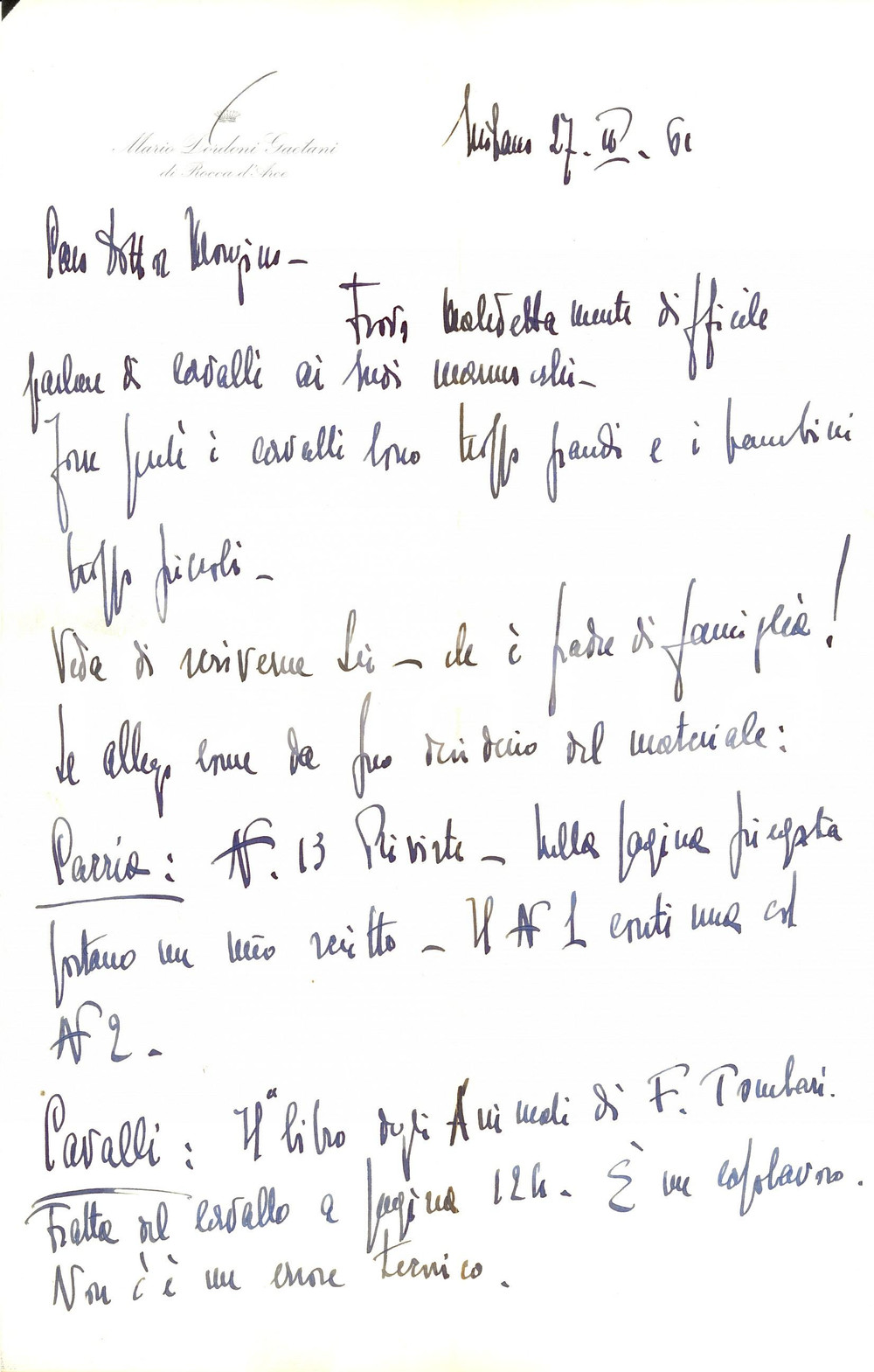 Manoscritto, lettera originale 1961 MILANO Mario DORDONI GAETANI non parla di cavalli ai marmocchi Lettera 1